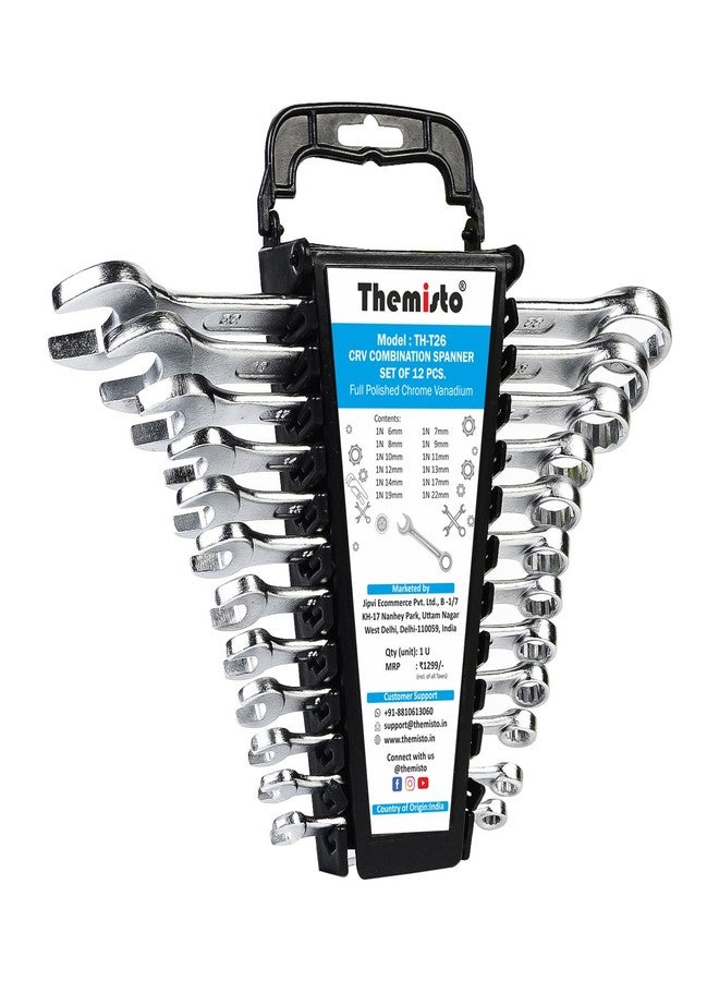 THEMISTO TH-T26 12 Pcs Combination Spanner Set | Open Jaw and Ring Spanners | Chrome Plated Durable Steel Wrench Tool Kit - Image 1